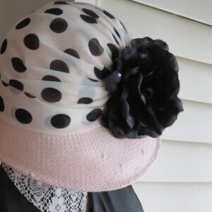 Kathy Jeanne Women's Soft Pink Paper Straw Hat with Black Polka Dot Flower